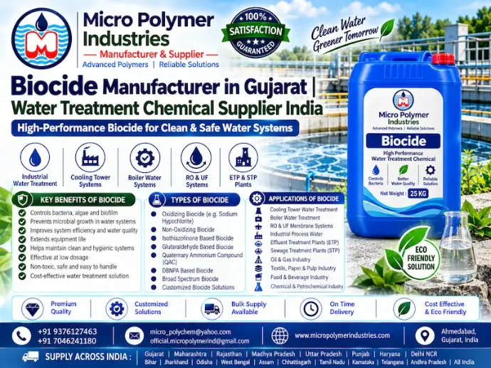 Micro Polymer Industries is a trusted Biocide manufacturer in Ahmedabad, Gujarat, offering high-performance antimicrobial chemicals for water treatment and industrial applications across India. Biocides are essential for controlling the growth of bacteria, algae, fungi, and other microorganisms in water systems, ensuring efficient and safe operation.