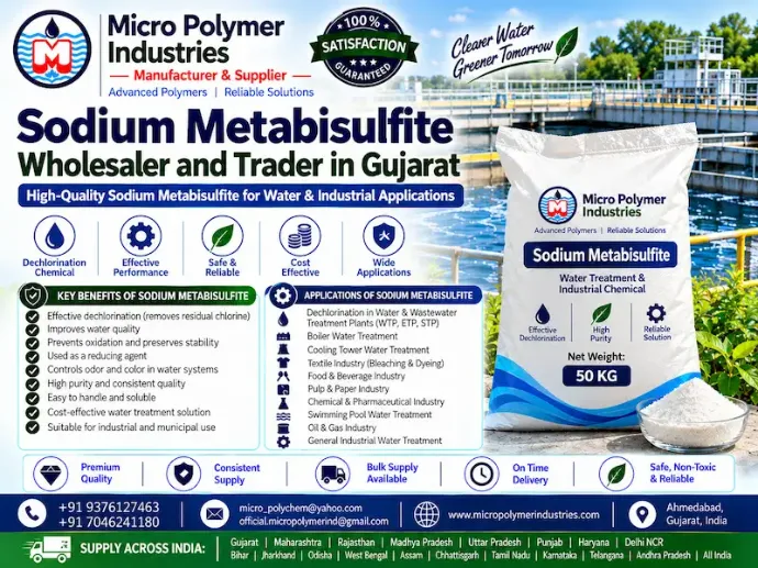 Micro Polymer Industries is a trusted Sodium Metabisulfite wholesaler and Trader in Ahmedabad, Gujarat, offering high-purity chemicals for water treatment, textile processing, and industrial applications across India. Sodium Metabisulfite is a powerful reducing agent widely used for dechlorination, bleaching, and chemical processing due to its strong antioxidant and preservative properties.