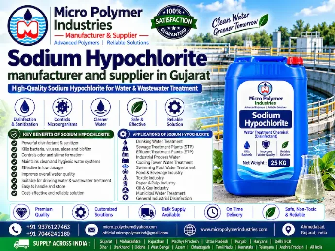 Micro Polymer Industries is a reliable manufacturer and supplier of Sodium Hypochlorite in Ahmedabad, Gujarat, India, providing high-quality water treatment and disinfection chemicals for industrial and municipal applications. Sodium Hypochlorite is a powerful oxidizing and disinfecting agent widely used for water purification, wastewater treatment, bleaching, and sanitation processes.