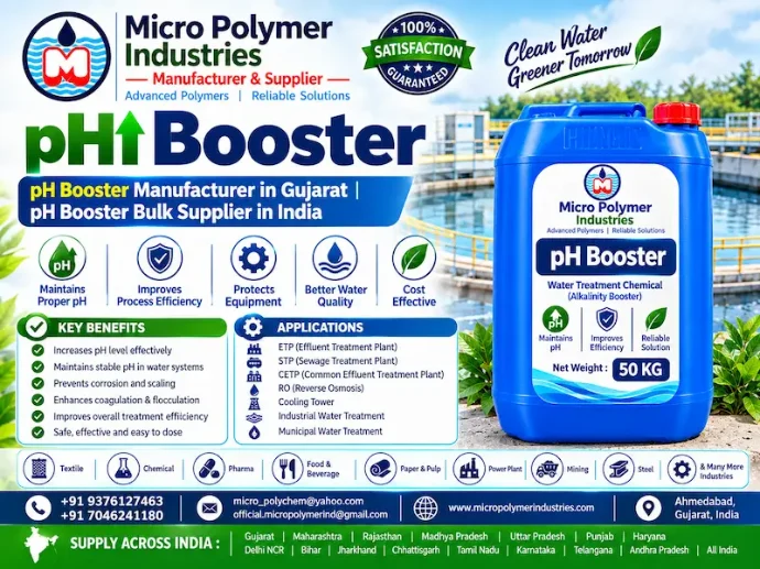 Micro Polymer Industries is a leading pH Booster manufacturer in Ahmedabad, Gujarat, offering high-performance chemicals for water and wastewater treatment across India. Our pH Booster is specially designed to increase and stabilize pH levels in industrial water systems, ensuring optimal treatment efficiency and equipment protection.