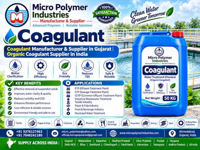 Coagulant by Micro Polymer Industries is a high-performance water treatment chemical specially formulated for efficient clarification, turbidity removal, and solid-liquid separation in industrial and municipal wastewater treatment applications. Our manufacturing unit is based in Ahmedabad, Gujarat, India.