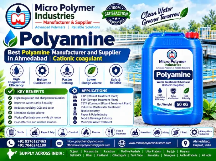 Polyamine by Micro Polymer Industries is a high-performance cationic coagulant widely used for water and wastewater treatment, color removal, and solid–liquid separation in industrial and municipal applications. Manufactured in Ahmedabad, Gujarat, India.