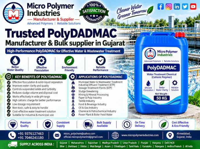 PolyDADMAC (Polydiallyldimethylammonium Chloride) by Micro Polymer Industries is a high-performance cationic polymer coagulant used for efficient water treatment, wastewater clarification, color removal, and solid–liquid separation. Our manufacturing unit is based in Ahmedabad, Gujarat, India.