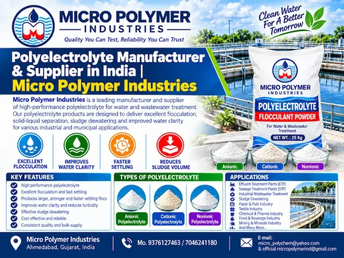 Micro Polymer Industries is a manufacturer and supplier of Polyelectrolyte chemicals, Polyacrylamide (PAM) and industrial flocculants for water treatment, wastewater treatment and solid-liquid separation applications.  We manufacture and supply Anionic Polyelectrolyte, Cationic Polyelectrolyte and Nonionic Polyelectrolyte in suitable grades for different industrial wastewater and process requirements.