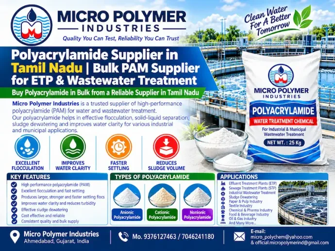 Micro Polymer Industries is a trusted Polyacrylamide Supplier in Tamil Nadu, supplying industrial-grade Polyacrylamide (PAM) for wastewater treatment, ETP, STP, sludge dewatering, clarification and solid-liquid separation applications.