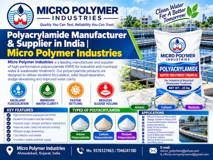 Micro Polymer Industries is a manufacturer and supplier of Polyacrylamide (PAM) and application-specific polymer chemicals for water treatment, wastewater treatment, flocculation, clarification, sludge dewatering and industrial solid-liquid separation.  We supply Anionic Polyacrylamide, Cationic Polyacrylamide and Nonionic Polyacrylamide in powder and selected liquid formulations for industrial applications.