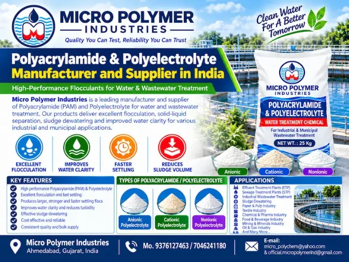 Micro Polymer Industries is an Ahmedabad, Gujarat-based manufacturer of water and wastewater treatment chemicals, serving industrial customers since 1992.  We manufacture and supply Anionic Polyelectrolyte, Cationic Polyelectrolyte, Nonionic Polyelectrolyte and application-specific Polyacrylamide (PAM) grades for industrial wastewater treatment, clarification, flocculation, sludge dewatering and solid-liquid separation.