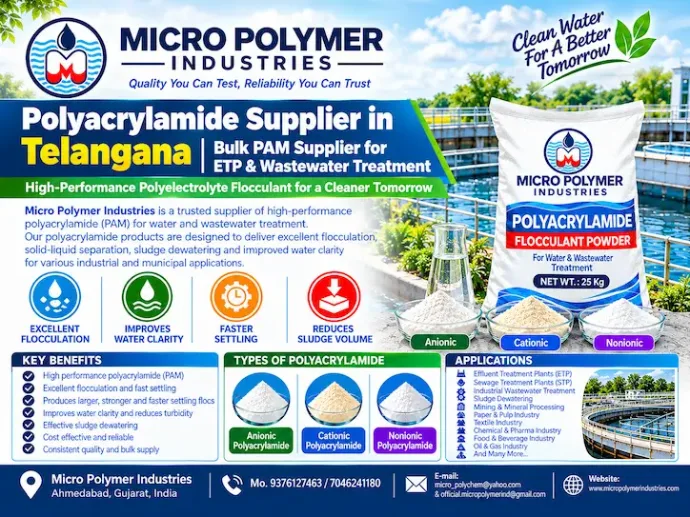 Micro Polymer Industries is a manufacturer and bulk supplier of Polyacrylamide (PAM) in Telangana for industrial wastewater treatment, ETP, STP, sludge dewatering, clarification and solid-liquid separation applications. We supply application-oriented polymer grades to industries, wastewater treatment plants, EPC contractors, water treatment companies and industrial chemical distributors.