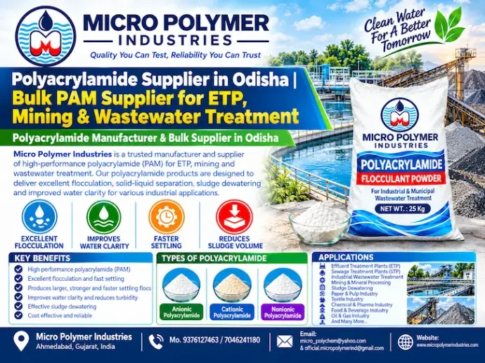 Micro Polymer Industries is a manufacturer and bulk supplier of Polyacrylamide (PAM) for industrial wastewater treatment, ETP, STP, sludge dewatering, mining, mineral processing and solid-liquid separation applications. We welcome bulk supply enquiries from industries, treatment plant operators, EPC contractors, water treatment companies and industrial chemical distributors across Odisha.